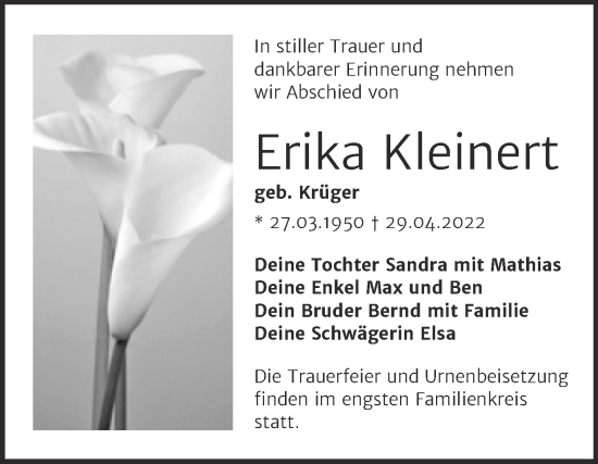 Traueranzeige von Erika Kleinert von Trauerkombi Wittenberg