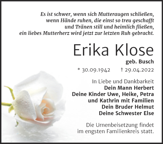 Traueranzeige von Erika Klose von Trauerkombi Wittenberg