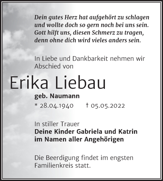 Traueranzeige von Erika Liebau von Mitteldeutsche Zeitung Halle/Saalkreis