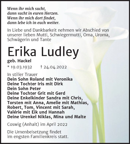 Traueranzeige von Erika Ludley von Trauerkombi Dessau