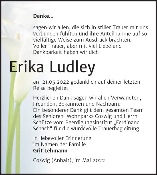 Traueranzeige von Erika Ludley von Trauerkombi Wittenberg