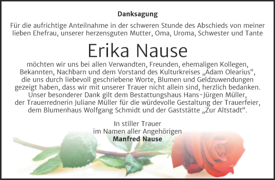 Traueranzeige von Erika Nause von Trauerkombi Aschersleben