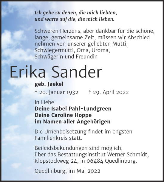 Traueranzeige von Erika Sander von Trauerkombi Quedlinburg