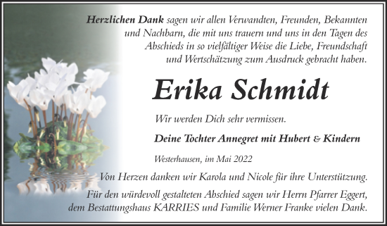 Traueranzeige von Erika Schmidt von Trauerkombi Quedlinburg