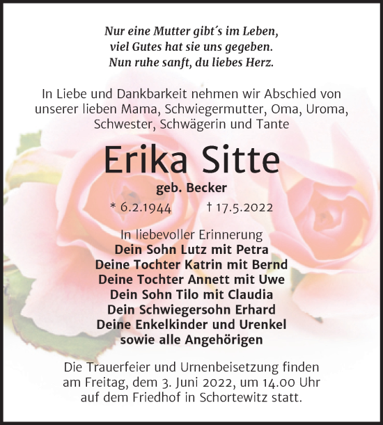 Traueranzeige von Erika Sitte von Trauerkombi Köthen