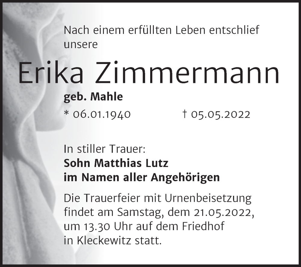  Traueranzeige für Erika Zimmermann vom 14.05.2022 aus Trauerkombi Bitterfeld