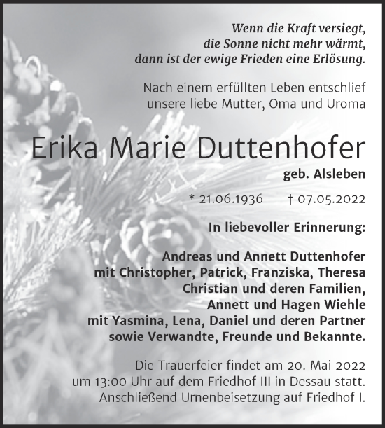 Traueranzeige von Erika Marie Duttenhofer von Trauerkombi Dessau