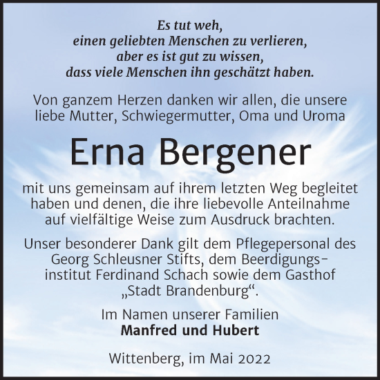 Traueranzeige von Erna Bergener von Trauerkombi Wittenberg