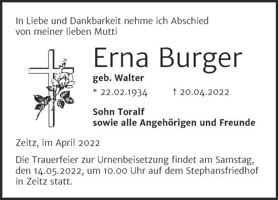 Traueranzeige von Erna Burger von Trauerkombi Zeitz