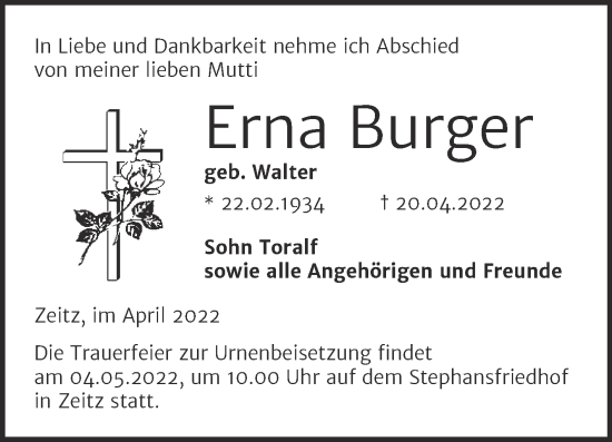 Traueranzeige von Erna Burger von Trauerkombi Zeitz