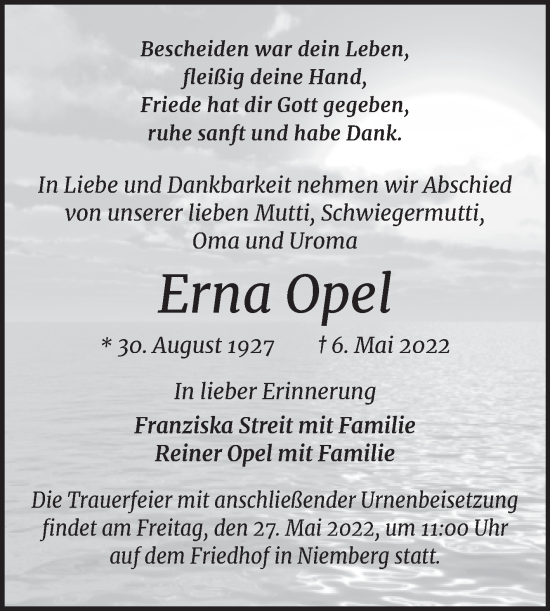Traueranzeige von Erna Opel von Mitteldeutsche Zeitung Halle/Saalkreis
