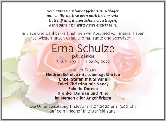Traueranzeige von Erna Schulze von Trauerkombi Bitterfeld