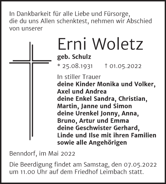 Traueranzeige von Erni Woletz von Mitteldeutsche Zeitung Mansfelder Land