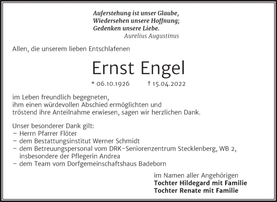 Traueranzeige von Ernst Engel von Trauerkombi Quedlinburg