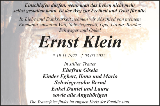 Traueranzeige von Ernst Klein von Trauerkombi Dessau