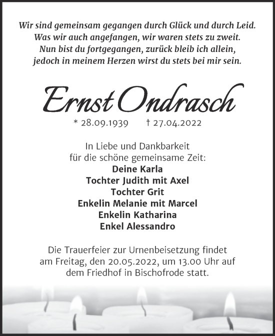 Traueranzeige von Ernst Ondrasch von Trauerkombi Mansfelder Land