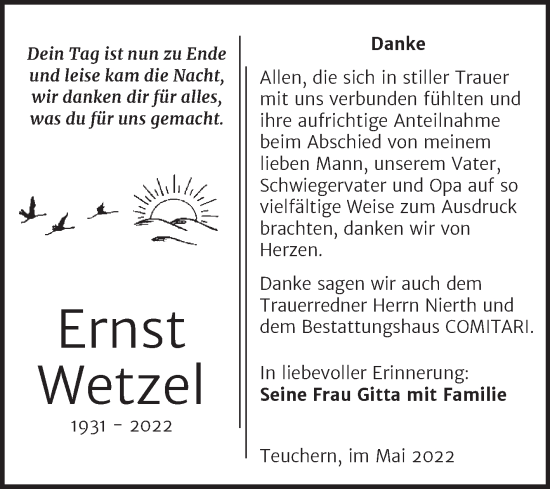Traueranzeige von Ernst Wetzel von Trauerkombi Weißenfels