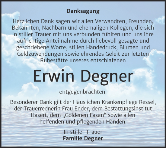 Traueranzeige von Erwin Degner von Trauerkombi Wittenberg