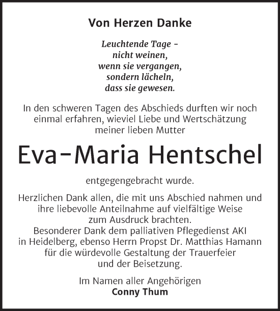 Traueranzeige von Eva-Maria Hentschel von Trauerkombi Dessau