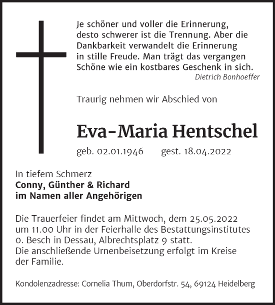 Traueranzeige von Eva-Maria Hentschel von Trauerkombi Dessau