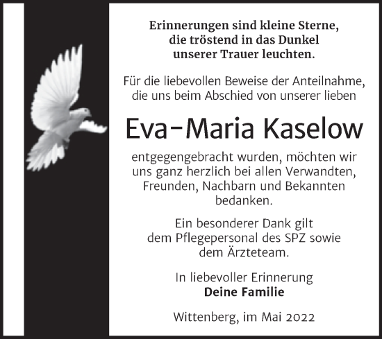 Traueranzeige von Eva-Maria Kaselow von Trauerkombi Wittenberg