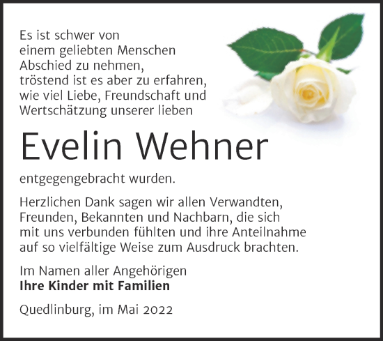 Traueranzeige von Evelin Wehner von Trauerkombi Quedlinburg