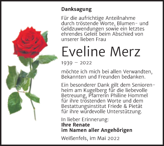 Traueranzeige von Eveline Merz von Trauerkombi Weißenfels