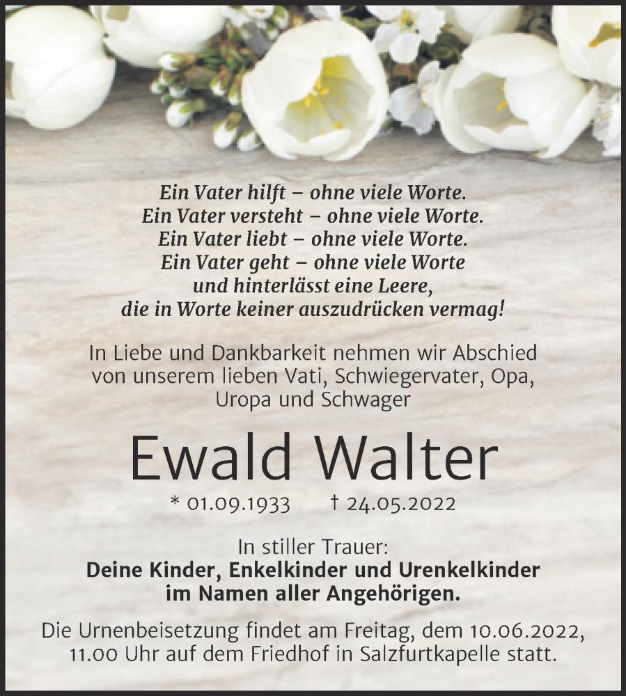  Traueranzeige für Ewald Walter vom 28.05.2022 aus Trauerkombi Bitterfeld