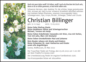 Traueranzeige von Christian Billinger von Trauerkombi Sangerhausen