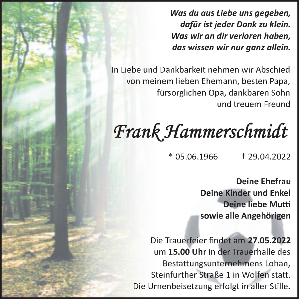  Traueranzeige für Frank Hammerschmidt vom 07.05.2022 aus Trauerkombi Bitterfeld