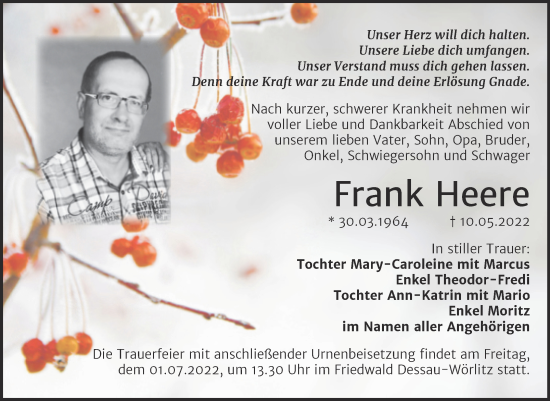 Traueranzeige von Frank Heere von Trauerkombi Dessau