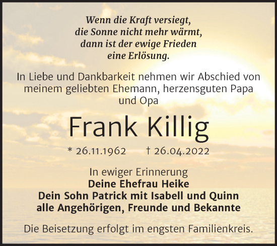 Traueranzeige von Frank Killig von Trauerkombi Dessau