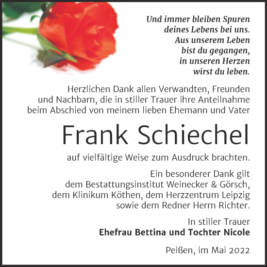 Traueranzeige von Frank Schiechel von Trauerkombi Bernburg