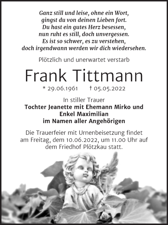 Traueranzeige von Frank Tittmann von Trauerkombi Bernburg