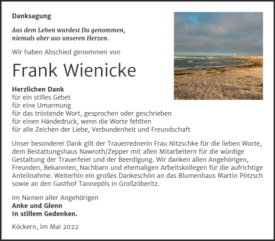 Traueranzeige von Frank Wienicke von Trauerkombi Bitterfeld