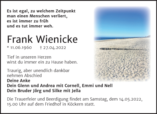 Traueranzeige von Frank Wienicke von Trauerkombi Bitterfeld