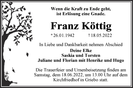 Traueranzeige von Franz Köttig von Trauerkombi Wittenberg