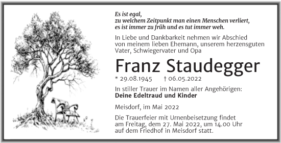 Traueranzeige von Franz Staudegger von Trauerkombi Quedlinburg