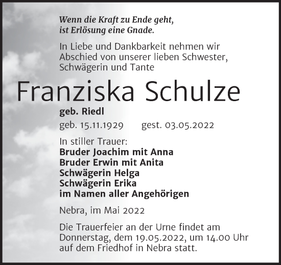 Traueranzeige von Franziska Schulze von Wochenspiegel Naumburg/Nebra