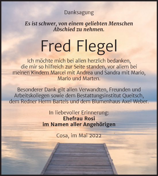 Traueranzeige von Fred Flegel von Trauerkombi Köthen