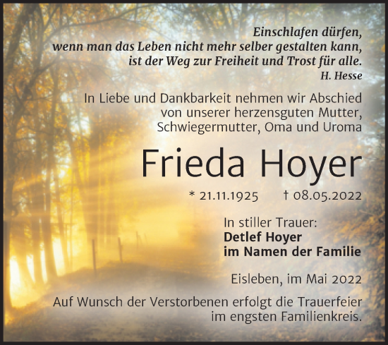 Traueranzeige von Frieda Hoyer von Mitteldeutsche Zeitung Mansfelder Land