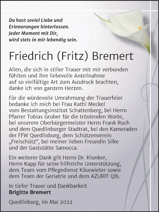 Traueranzeige von Friedrich Bremert von Trauerkombi Quedlinburg