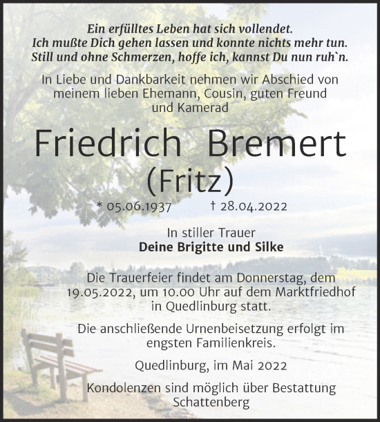 Traueranzeige von Friedrich Bremert von Trauerkombi Quedlinburg