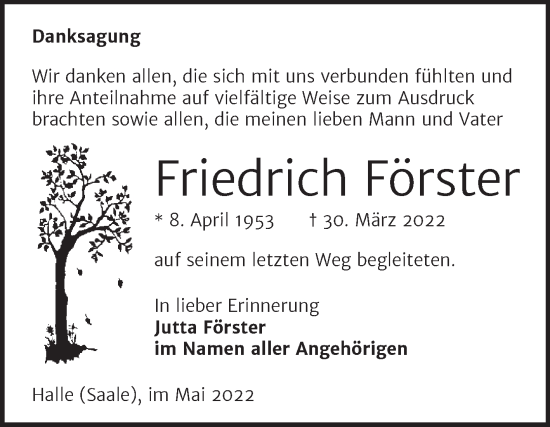 Traueranzeige von Friedrich Förster von Mitteldeutsche Zeitung Halle/Saalkreis
