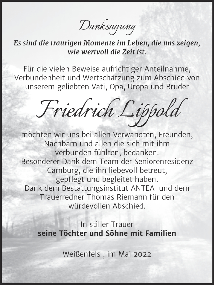  Traueranzeige für Friedrich Lippold vom 21.05.2022 aus Trauerkombi Weißenfels