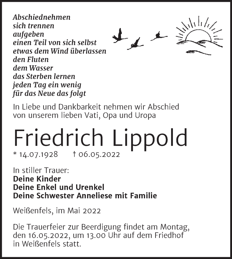  Traueranzeige für Friedrich Lippold vom 14.05.2022 aus Trauerkombi Weißenfels