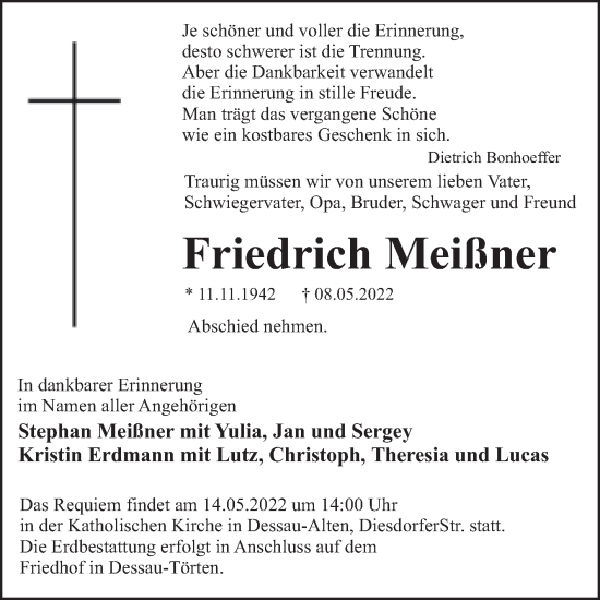 Traueranzeige von Friedrich Meißner von Trauerkombi Dessau