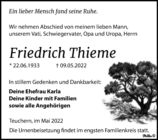 Traueranzeige von Friedrich Thieme von Trauerkombi Weißenfels