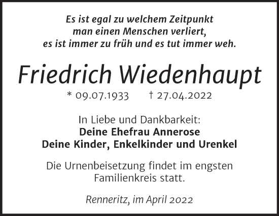 Traueranzeige von Friedrich Wiedenhaupt von Trauerkombi Bitterfeld