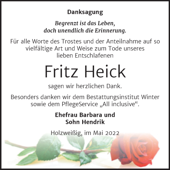 Traueranzeige von Fritz Heick von Trauerkombi Bitterfeld